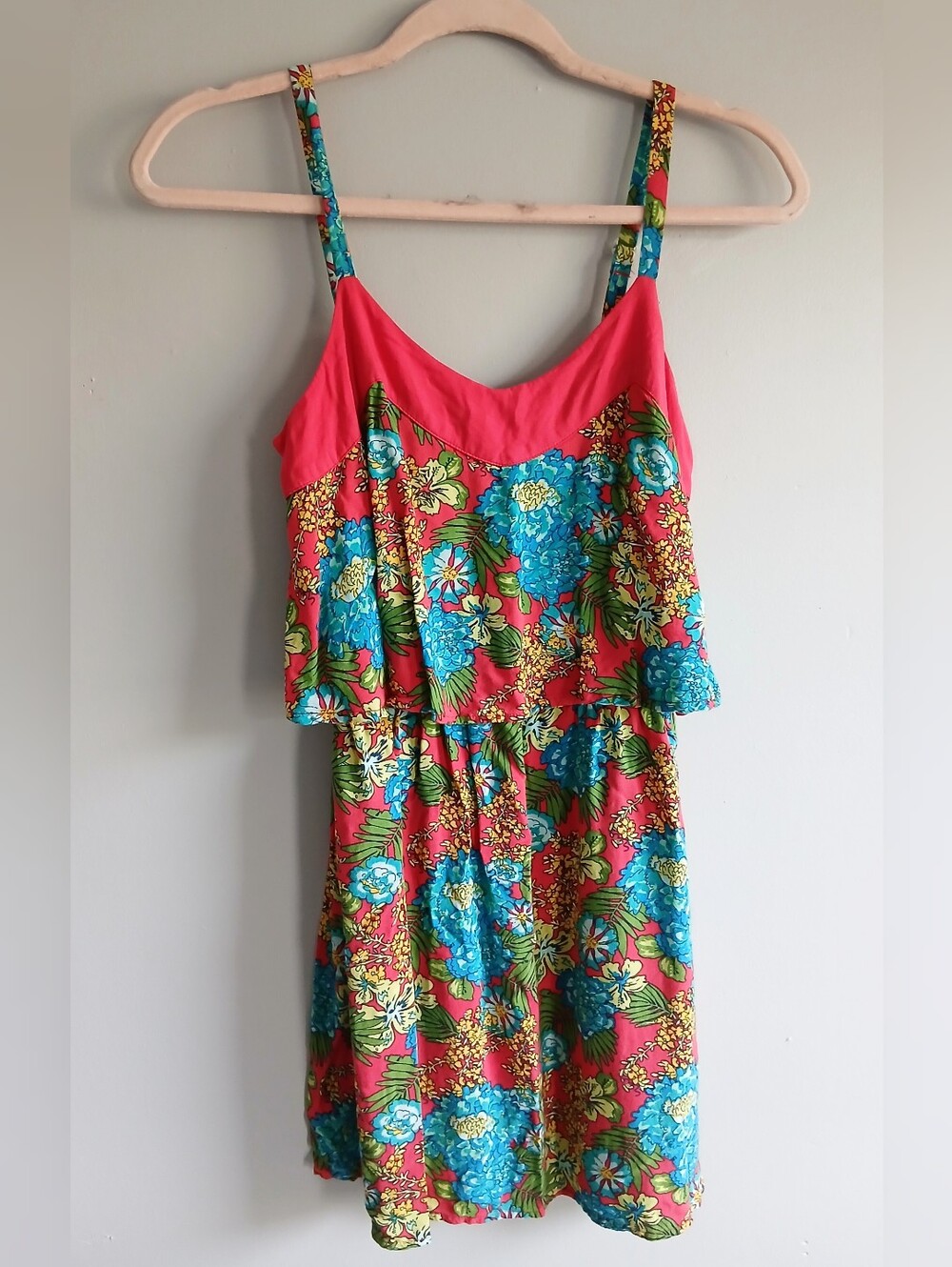 Red Camel XS Floral Ruffle Mini Dress Coral Teal Spaghetti Strap